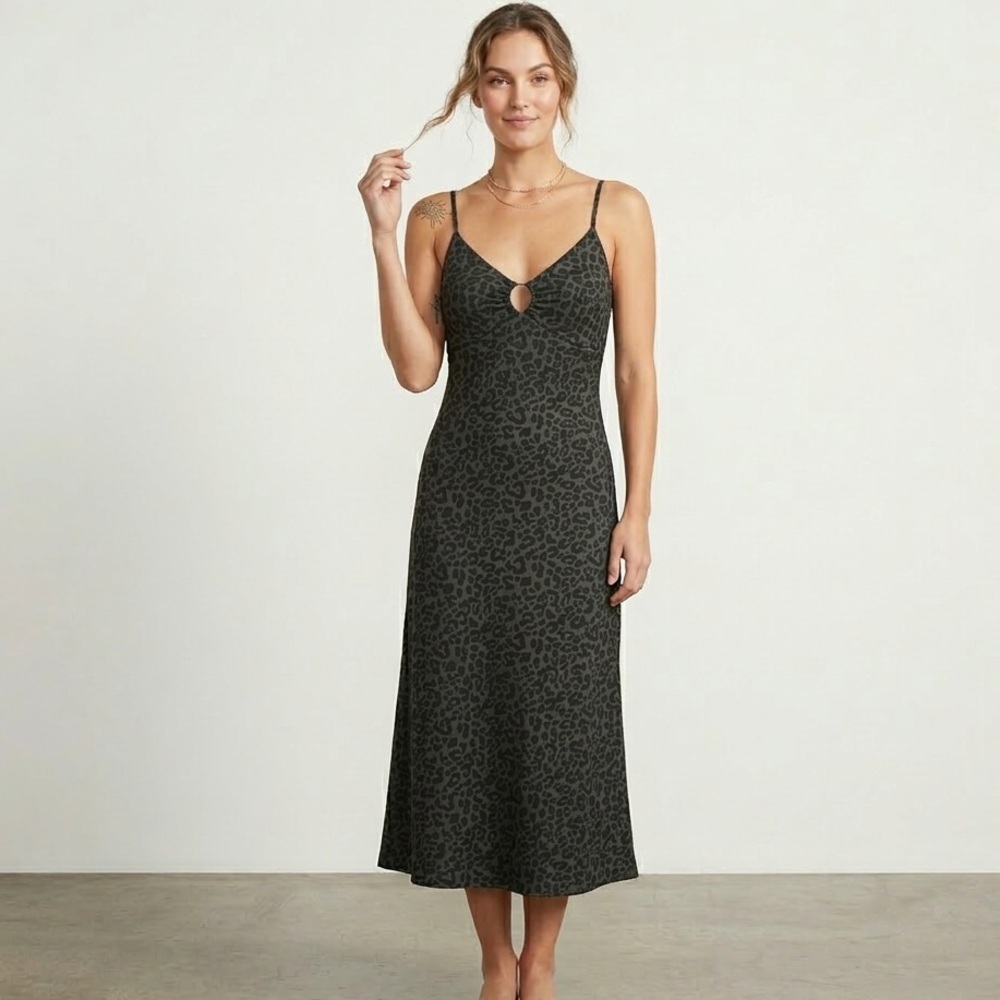 Hollister Slip Dress Leopard Print Midi Green Black Cheetah Keyhole S Festival